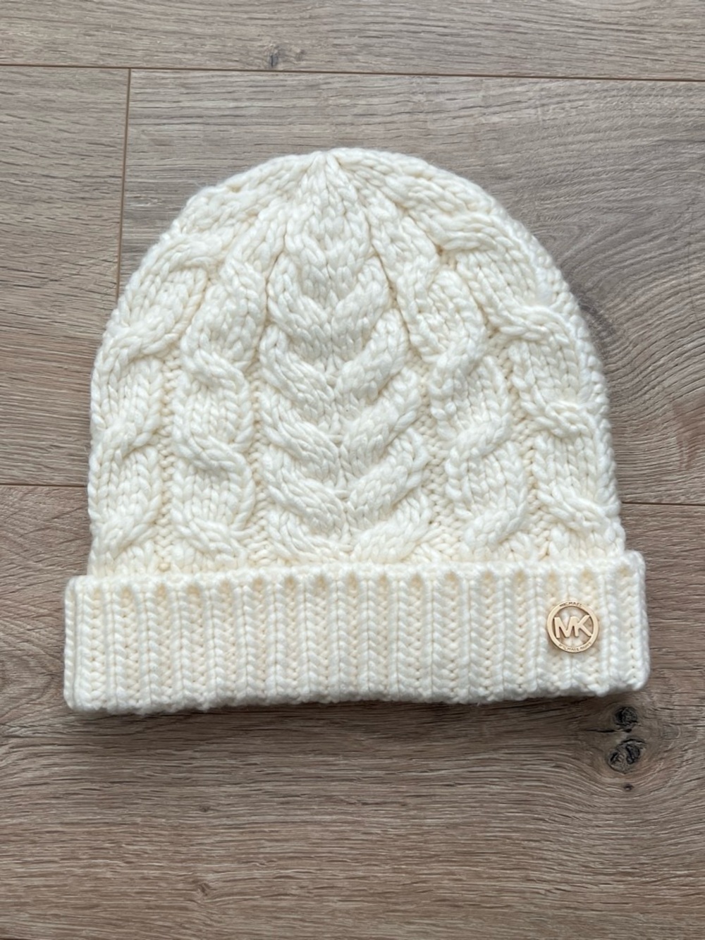 MICHAEL Michael Kors Ivory Cable Knit Beanie with Gold MK Emblem